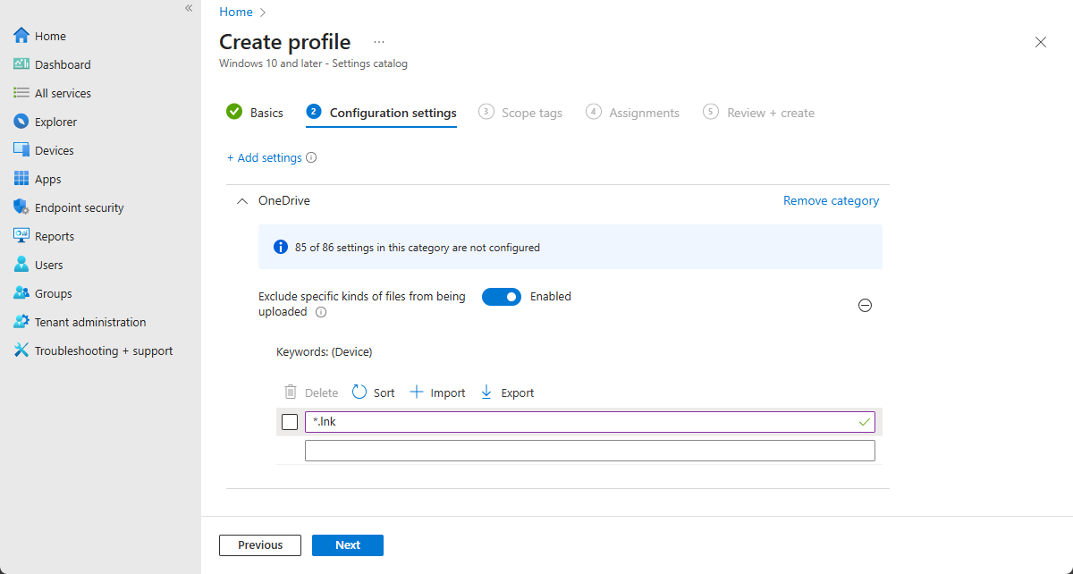 Intune Settings catalog: Exclude specific kinds of files from being uploaded to OneDrive